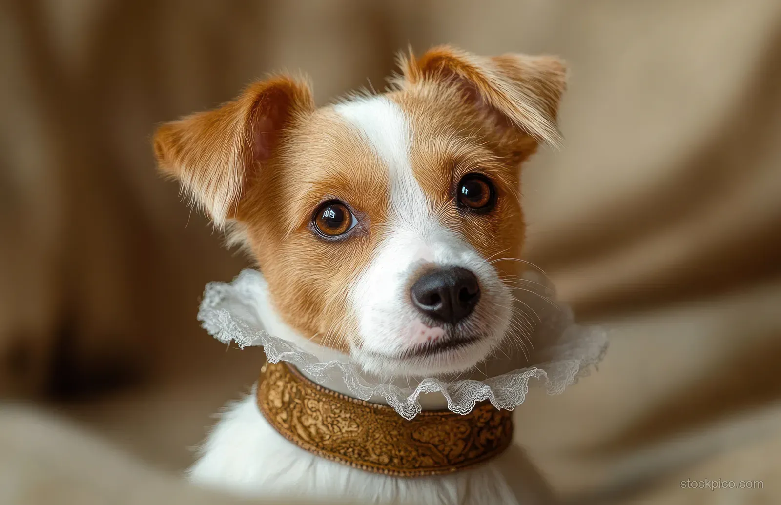 Small white and brown dog sitting calmly against a soft beige background wearing an ornate gold lace collar.