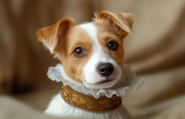 Small white and brown terrier dog wearing ornate gold collar with lace detail