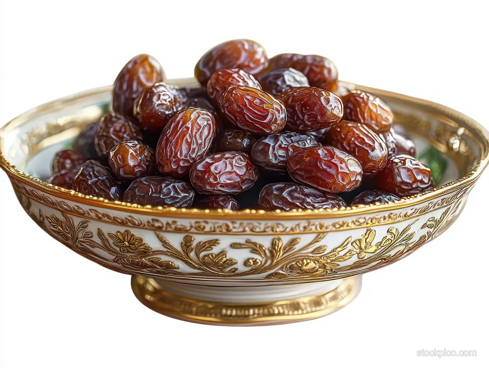 A golden decorative bowl filled with glossy dried dates sits on a white background.