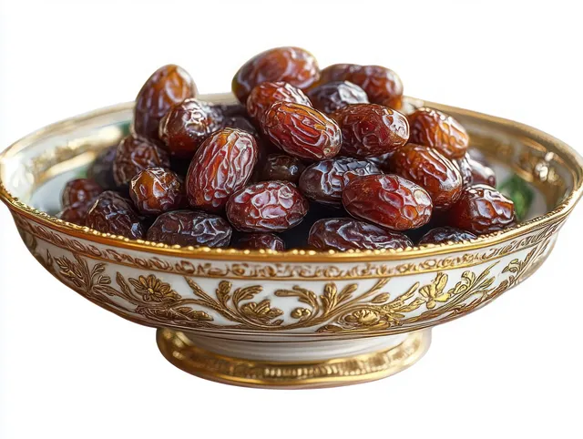 A golden decorative bowl filled with glossy dried dates sits on a white background.