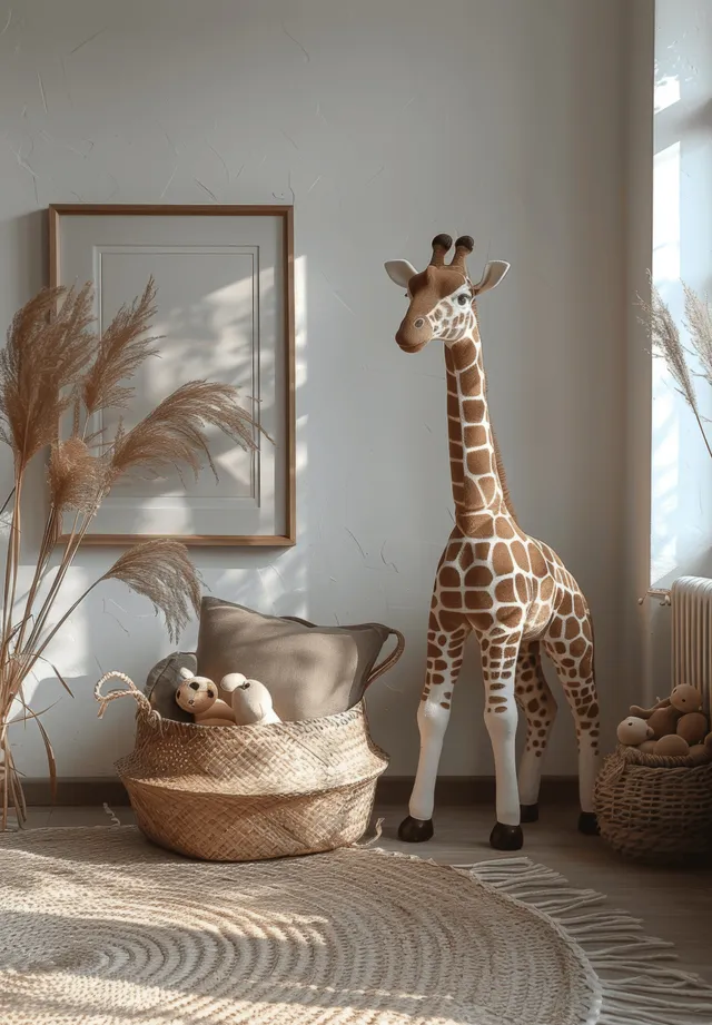 Cozy nursery interior with wooden frame mockup, giraffe toy and woven basket