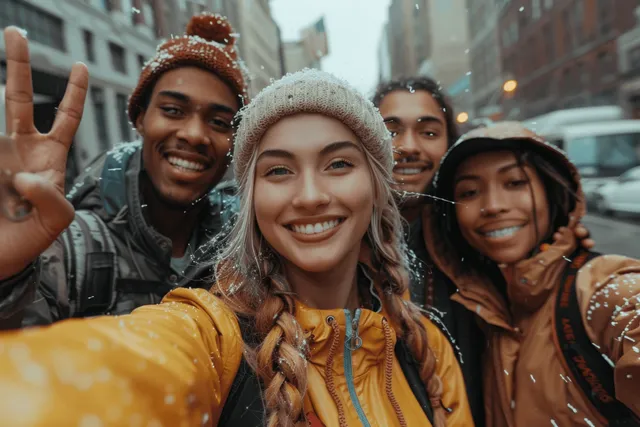 Several friends pose for a group selfie on a cloudy street with city buildings in the background.