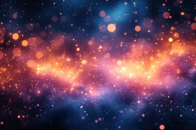 Golden bokeh lights and glittery sparkles glow softly over a dark Christmas background.