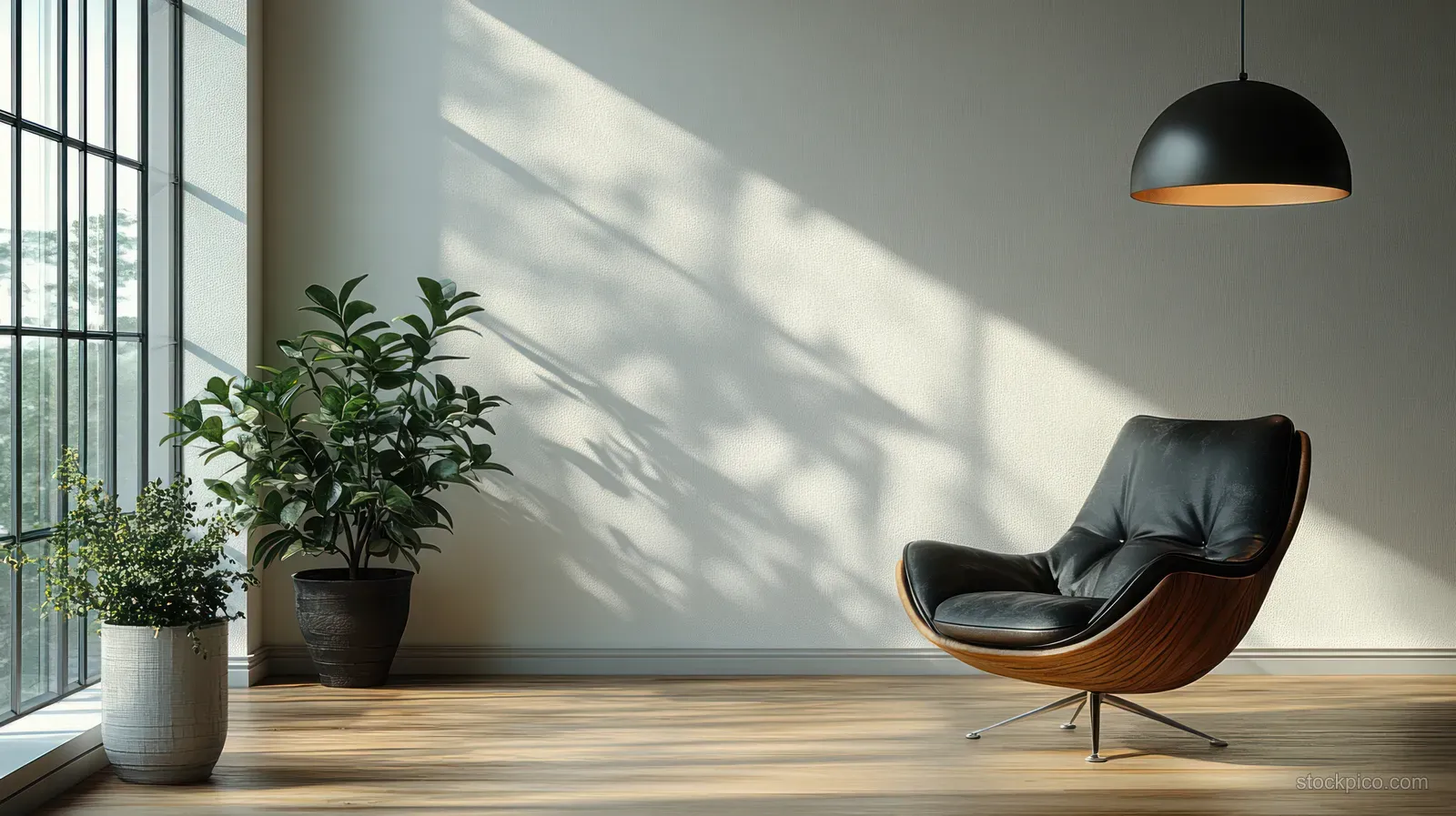 Black lounge chair sits in a bright minimalist room with hanging lamp and sunlit shadows on the white wall.