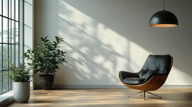 Black lounge chair sits in a bright minimalist room with hanging lamp and sunlit shadows on the white wall.