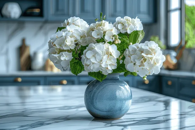 Hortensias blancas dispuestas en un jarrón azul sobre una encimera de mármol de una cocina.