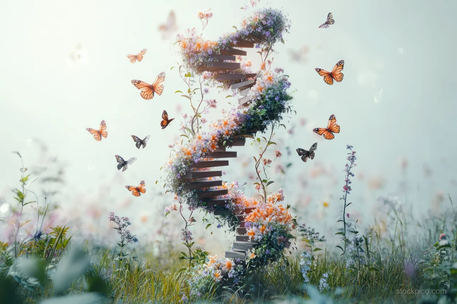 A misty garden scene where butterflies circle a vine and flower DNA helix in tall grass.