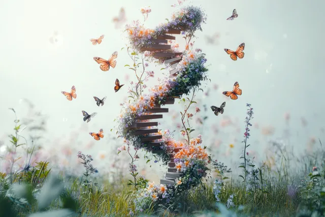A misty garden scene where butterflies circle a vine and flower DNA helix in tall grass.