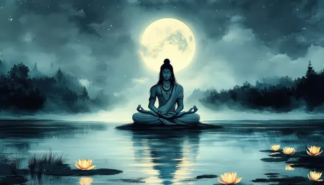 Lord Shiva meditating on a lotus in moonlit lake with trident and lingam