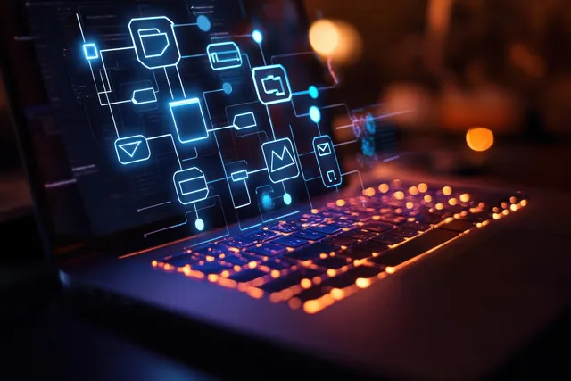 Laptop keyboard with a glowing workflow flowchart overlay of connected nodes and process blocks.