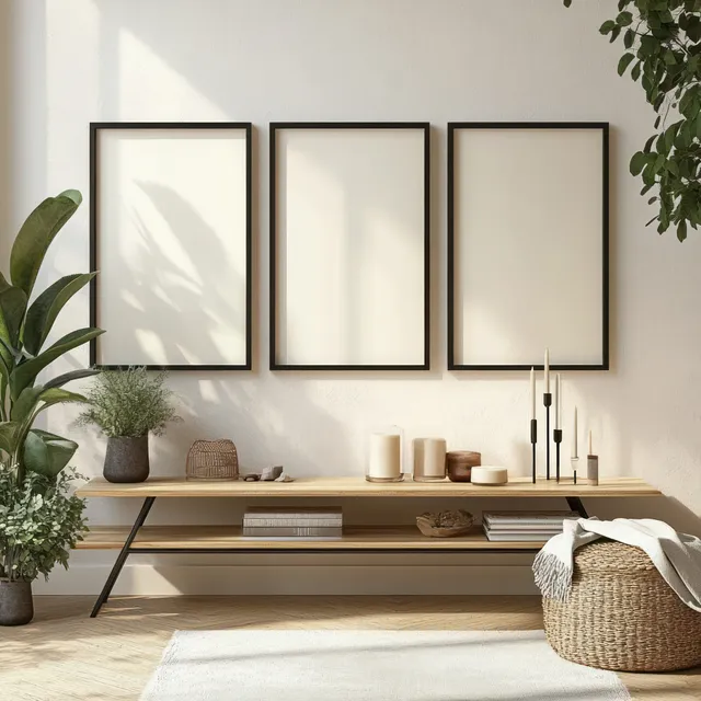 Scandinavian console table holds candles and plants under three empty wall picture frames in warm light.