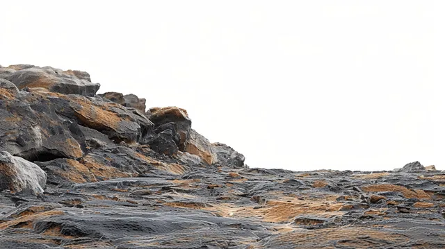 Layered rocky mountain edge with stone formations shown against a pure white background.