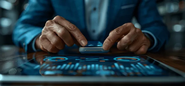 Hands interacting with a smartphone that displays a fingerprint security interface for banking access.