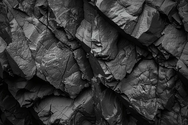 Close-up dark basalt and granite rock wall texture with fractured volcanic crevices