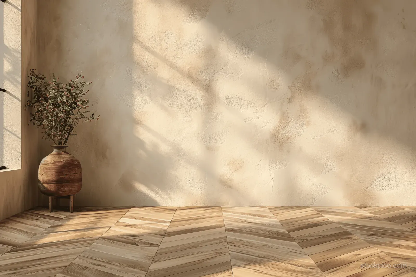 Sunlit beige apartment corner with herringbone wood floor and a small vase on a windowsill.