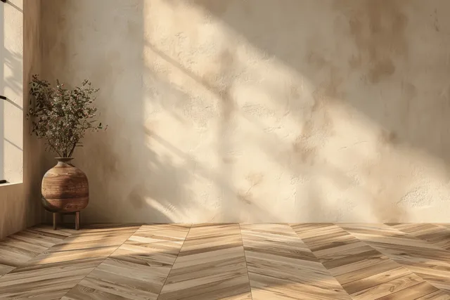 Sunlit apartment interior with light herringbone wood floor, beige walls, and a vase