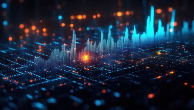 Futuristic city made of glowing blue and orange data streams across a wireframe grid with rising light bars.