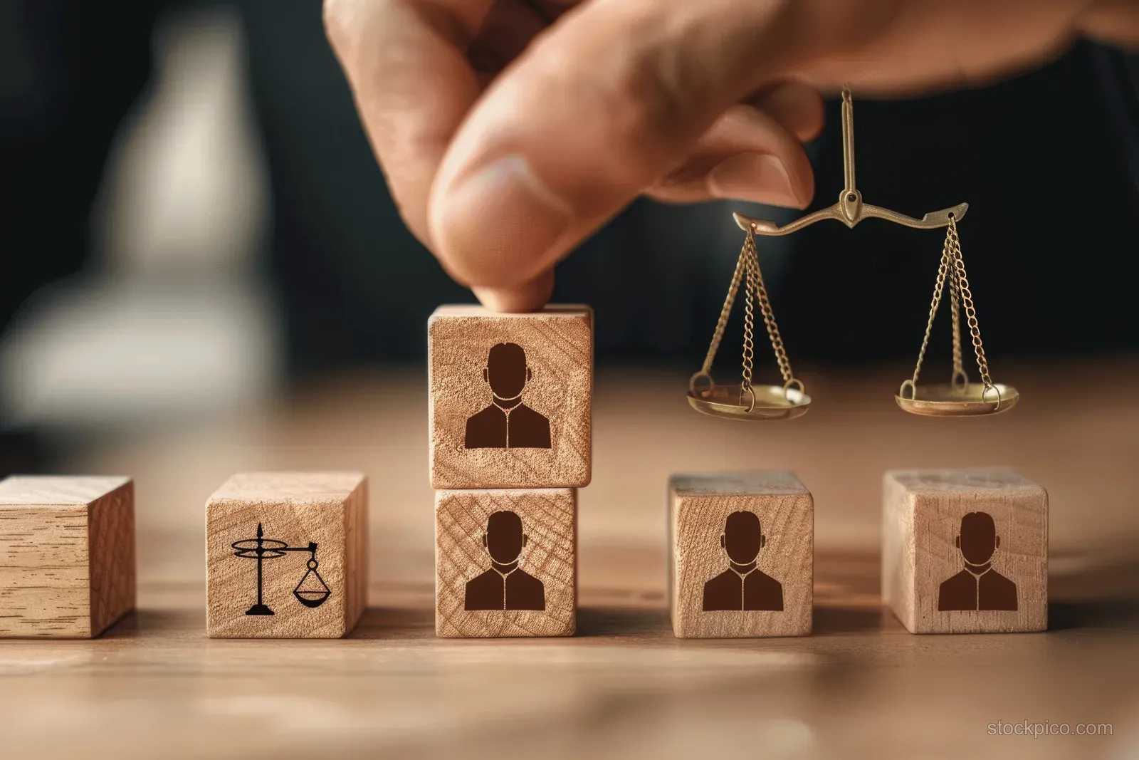 A hand places wooden worker blocks beside balance scales on a desk.