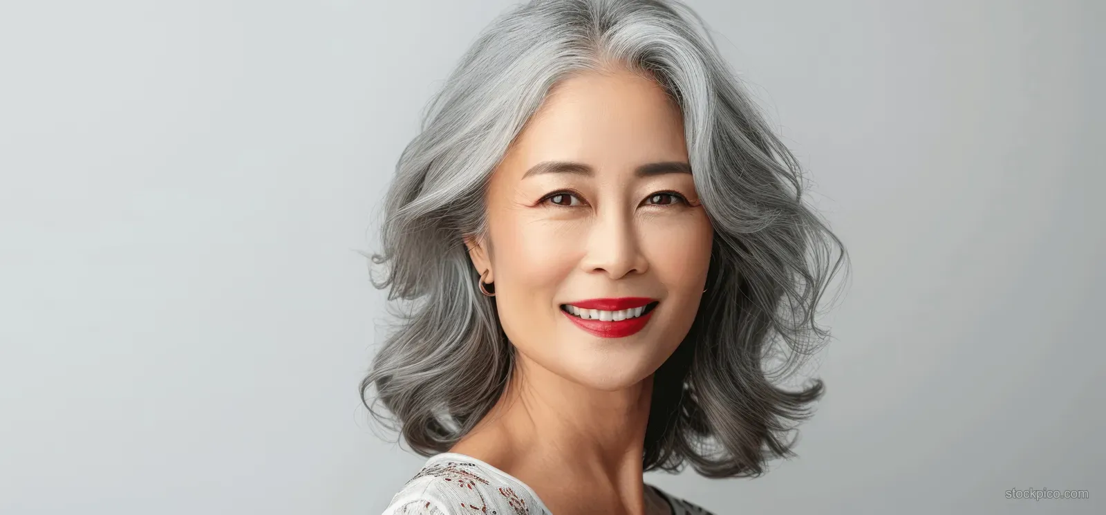 Smiling Asian senior woman with styled gray hair and red lipstick against a light background.
