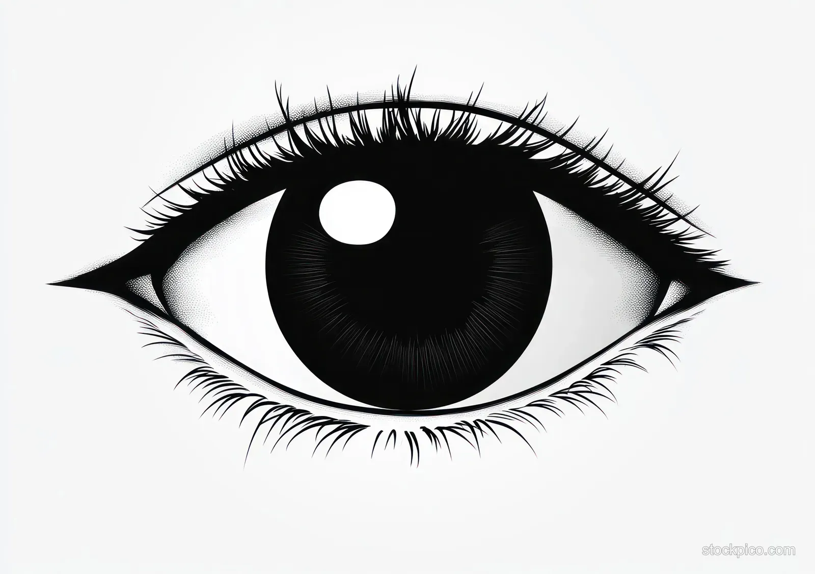 Black and white close-up illustration of a single open human eye with eyelashes and bright iris reflections.