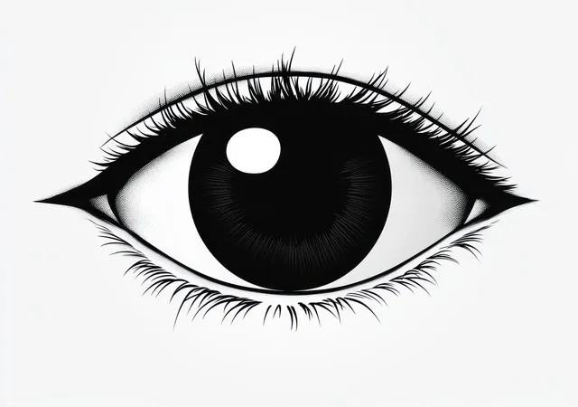 Black and white close-up illustration of an open human eye with bright iris reflections