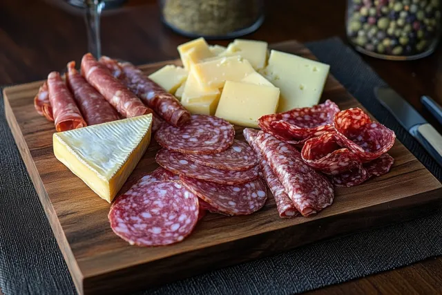 A wooden board holds cured salami slices and cheese wedges arranged neatly on a dark textured placemat.