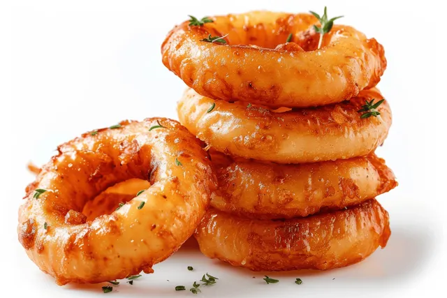 A tall stack of golden onion rings with herbs on a white background.