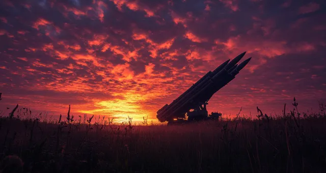 Missile launcher silhouettes rise from a military field against a dramatic sunset sky.