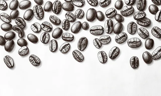 Black coffee beans illustrated with sketch lines scattered on a white background.