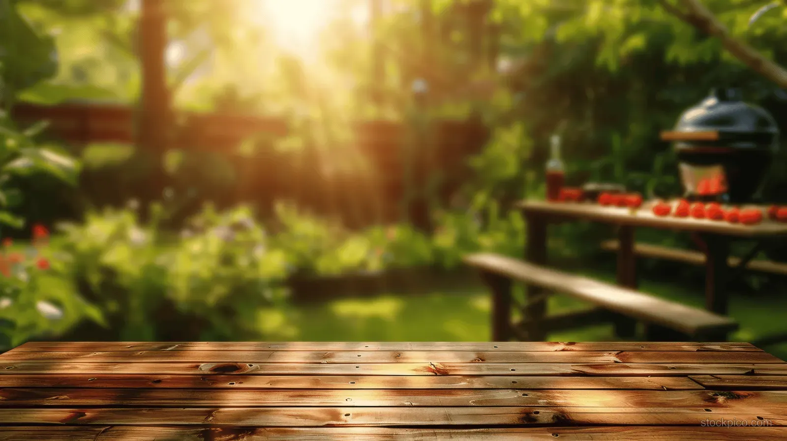 Wooden outdoor table in a sunlit garden with a barbecue grill and red tomatoes in the background.