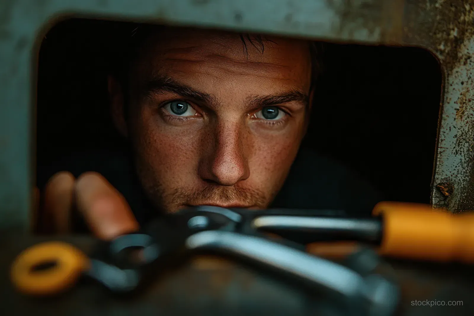 A focused climber with blue eyes inspects a rusty metal opening, with climbing carabiners prominently displayed in the foreground.