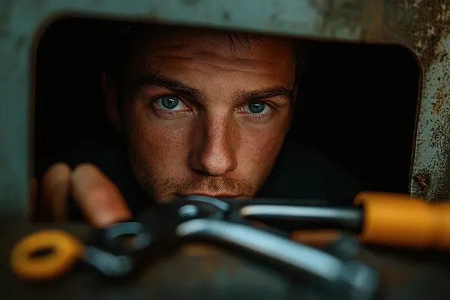 A focused climber with blue eyes inspects a rusty metal opening, with climbing carabiners prominently displayed in the foreground.
