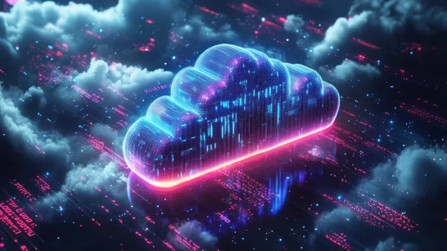 Futuristic glowing cloud data icon hovering in cyberpunk neon sky with binary code