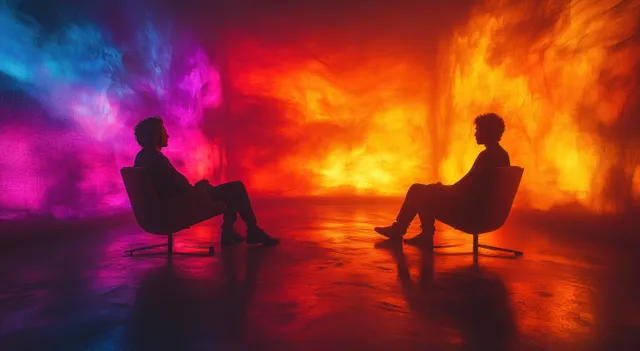Two seated silhouettes face each other in a neon sunset haze with swirling colorful light behind them.