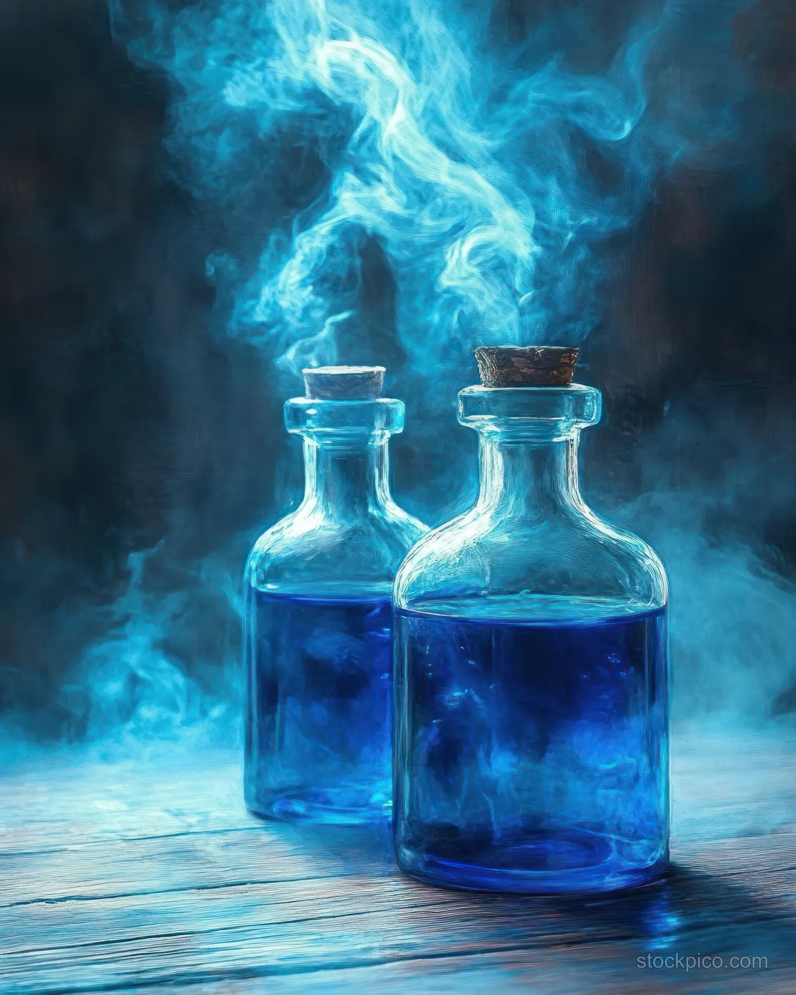 Two clear glass bottles of glowing blue liquid releasing swirling vapor on a wooden surface.