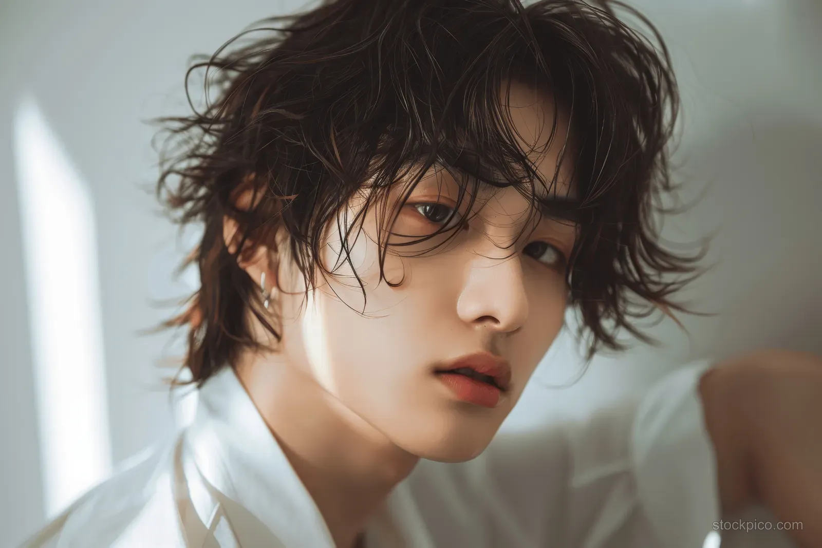 Young Korean man with messy wavy hair looks at camera in bright morning window light wearing a light shirt.