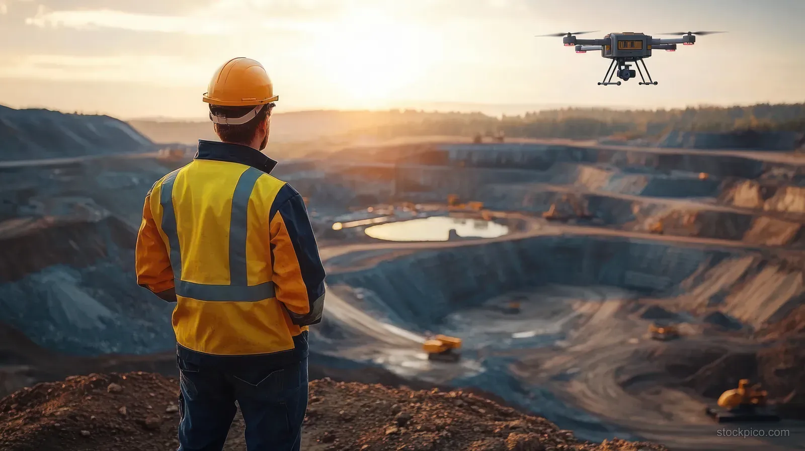 A construction worker in a hi-vis vest watches a drone hover over a mining quarry at sunset.