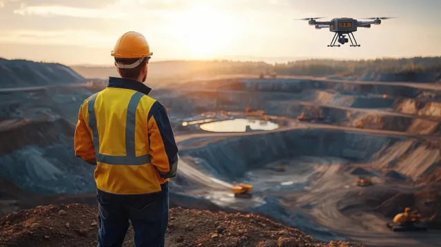 A construction worker in a hi-vis vest watches a drone hover over a mining quarry at sunset.