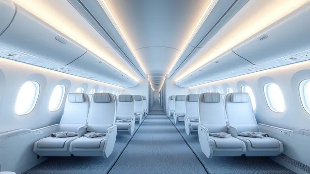 Empty airplane cabin with rows of white seats and bright oval windows along a central aisle.