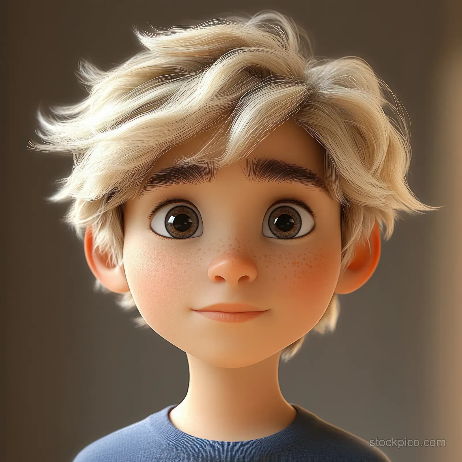 A young boy with freckles and big brown eyes smiles gently in a close-up portrait against a soft neutral background.