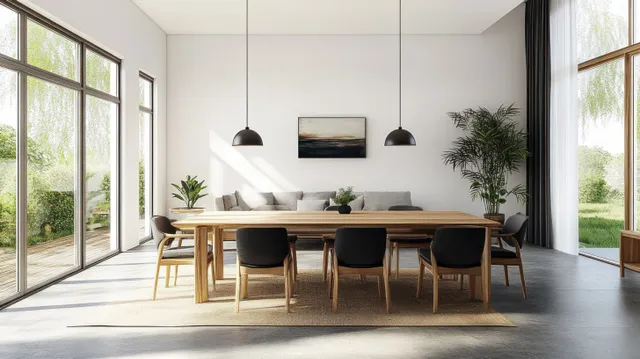 Scandinavian living room with wooden dining table and chairs beneath pendant lights by large windows.