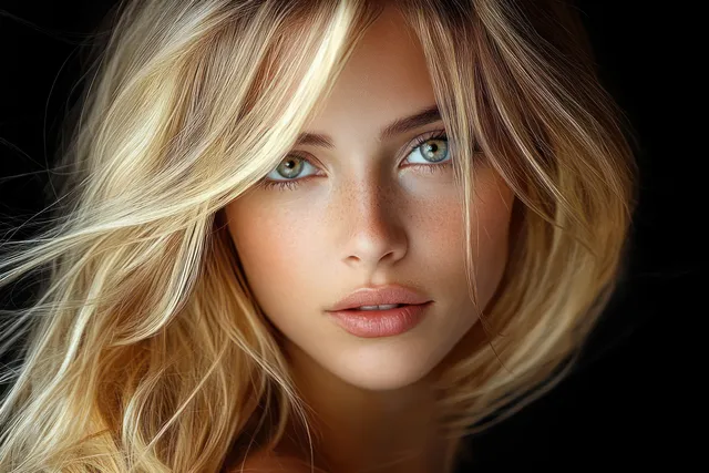 Close-up portrait of a blonde woman with green eyes and subtle freckles against a dark background.