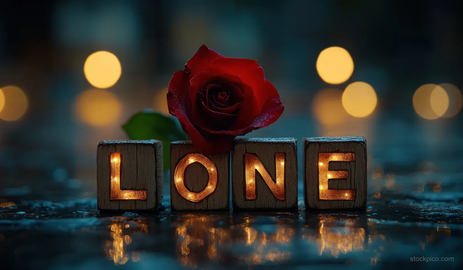 A red rose rests above illuminated blocks spelling LONE with night bokeh reflections on wet surface.