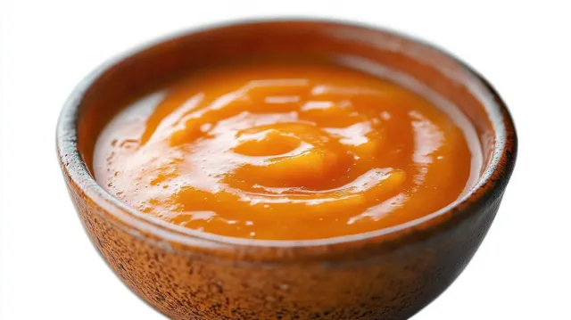 A brown wooden bowl filled with smooth orange puree sits on a white background.
