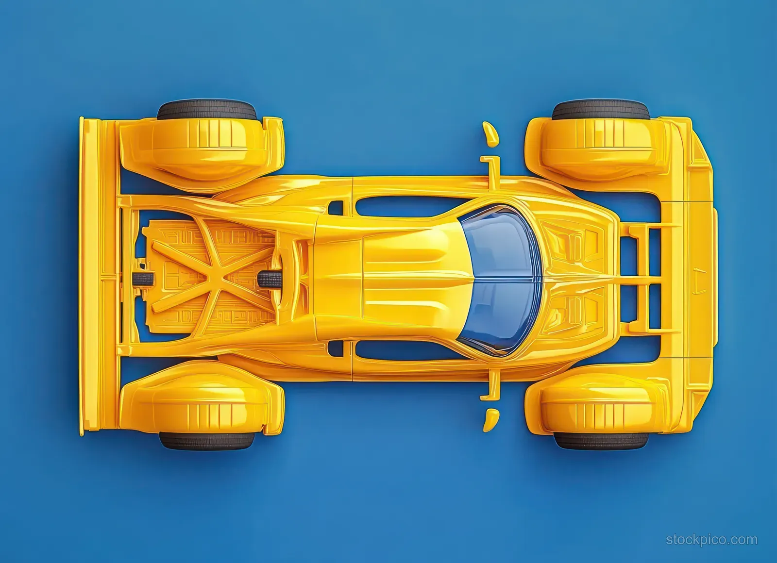 Top view of a bright yellow race car model on a blue background with aerodynamic body and large tires.
