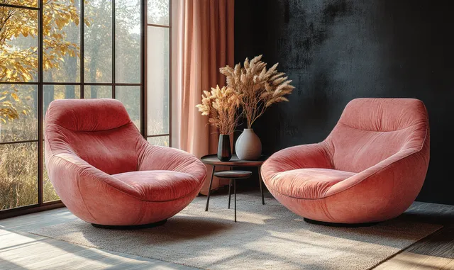 Plush pink armchairs by window in minimal living room with warm daylight and side table