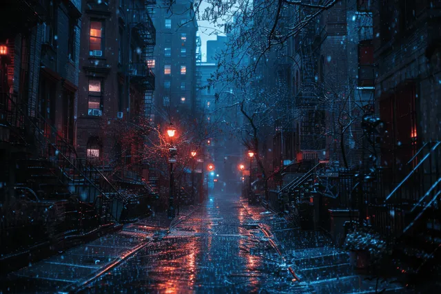 Rain-soaked urban alley at night with glowing streetlights reflecting on wet pavement beside abandoned buildings.