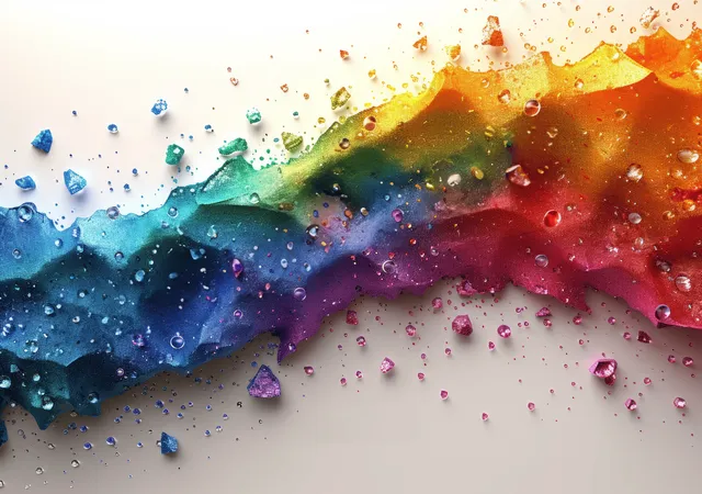 Rainbow paint splash on a soft gradient background with sparkling droplets and glitter specks.