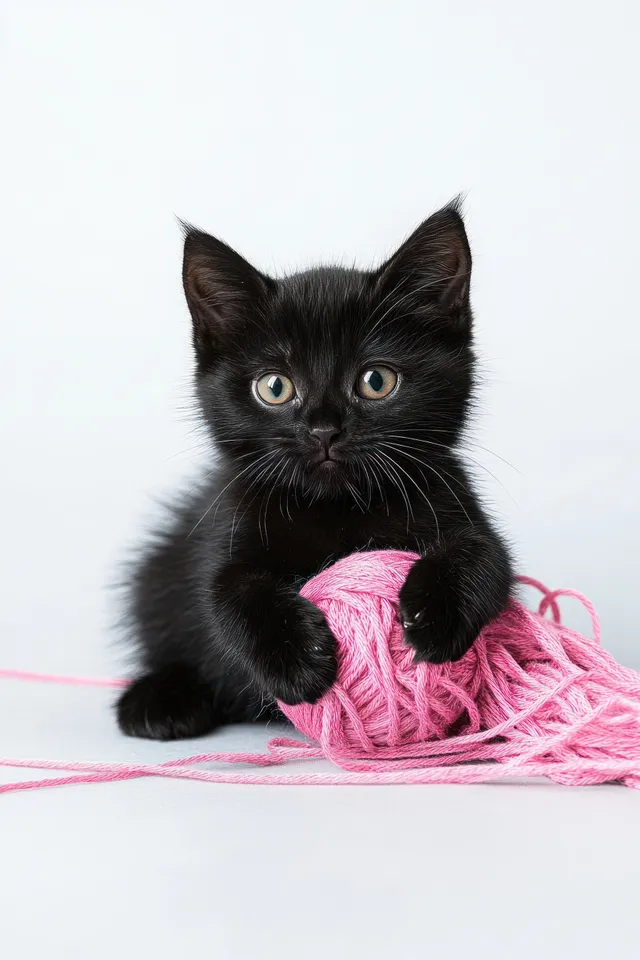 A black kitten sits on a white background batting a pink yarn ball with curious, wide eyes.