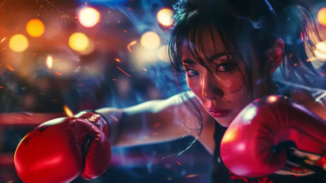 Japanese flyweight boxer throws a right punch in a lit stadium boxing ring